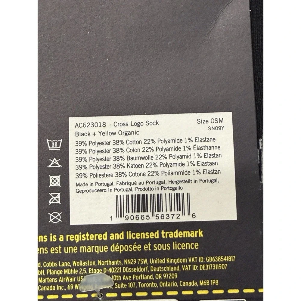 Dr Martens AC623018 Cross Logo Black Yellow Cotton Blend Crew Socks S/M NWT